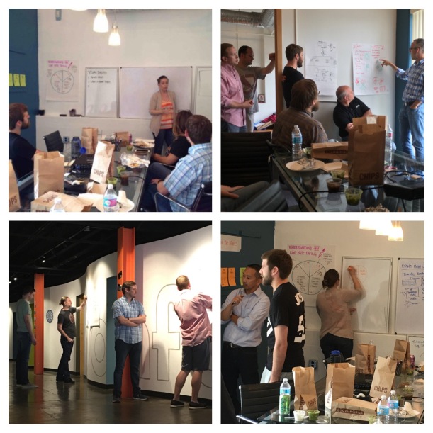 Bonfyre employees collaborate on white-boarding and visual communication during their monthly Lunch and Learn program
